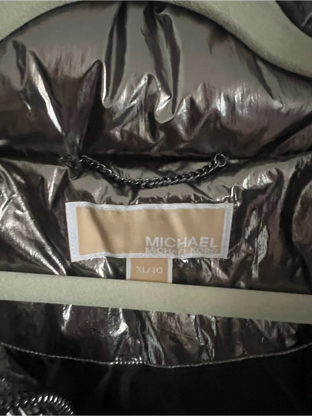 Michael Kors Metallic Nylon Ciré Puffer Jacket, size XL